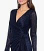 Color:Navy/Royal - Image 4 - Metallic Knit Surplice V-Neck Long Sleeve Side Ruffle Gown
