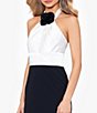 Color:Black/White - Image 4 - Mixed Media Rose Applique Keyhole Front Halter Neck Sleeveless Colorblock A-Line Gown