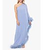 Color:Grey - Image 1 - One Shoulder One Long Cape Sleeve Gown with Feather Trim