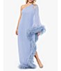 Color:Grey - Image 3 - One Shoulder One Long Cape Sleeve Gown with Feather Trim