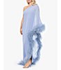 Color:Grey - Image 4 - One Shoulder One Long Cape Sleeve Gown with Feather Trim