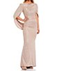 Color:Blush - Image 1 - Petite Size 3/4 Sleeve Crew Neck Draped Back Glitter Gown