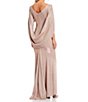 Color:Blush - Image 2 - Petite Size 3/4 Sleeve Crew Neck Draped Back Glitter Gown