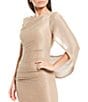 Color:Gold/Silver - Image 3 - Petite Size Draped Back 3/4 Cape Sleeve Round Neck Metallic Crinkled Ruched Sheath Gown