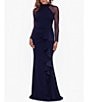 Color:Navy - Image 1 - Petite Size Mesh Long Sleeve Mock Neck Cascade Ruffle Scuba Crepe Ruched Waist Gown