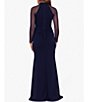 Color:Navy - Image 2 - Petite Size Mesh Long Sleeve Mock Neck Cascade Ruffle Scuba Crepe Ruched Waist Gown