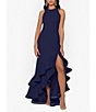 Color:Navy - Image 1 - Petite Size Round Neck Sleeveless Ruffled High-Low Hem Stretch Crepe Gown