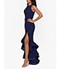 Color:Navy - Image 3 - Petite Size Round Neck Sleeveless Ruffled High-Low Hem Stretch Crepe Gown
