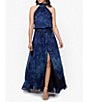 Color:Navy/Blue - Image 1 - Petite Size Sleeveless Halter Mock Neck Front Slit Floral Blouson Maxi Dress