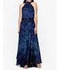 Color:Navy/Blue - Image 3 - Petite Size Sleeveless Halter Mock Neck Front Slit Floral Blouson Maxi Dress