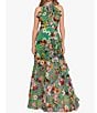 Color:Green Floral - Image 1 - Petite Size Sleeveless Halter Neck Floral Chiffon Maxi Fit and Flare Dress