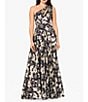 Color:Navy/Gold - Image 1 - Petite Size Sleeveless One Shoulder Floral Print Gown