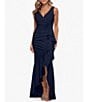 Color:Navy - Image 1 - Petite Size Sleeveless V-Neck Spiral Ruffle Cascade Gown