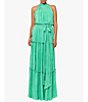 Color:Green - Image 1 - Pleated Bodre Halter Ruffle Neck Sleeveless Tie Waist Tiered Dress