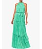 Color:Green - Image 4 - Pleated Bodre Halter Ruffle Neck Sleeveless Tie Waist Tiered Dress