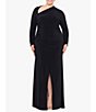 Color:Black - Image 1 - Plus Size Long Sleeve Asymmetrical Neck Ruched Waist Side Slit Gown