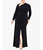 Color:Black - Image 3 - Plus Size Long Sleeve Asymmetrical Neck Ruched Waist Side Slit Gown