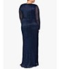 Color:Navy/Royal - Image 2 - Plus Size Long Sleeve Ruched Waist Surplice V-Neck Cascade Ruffle Metallic Crinkle Gown