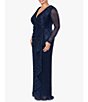 Color:Navy/Royal - Image 3 - Plus Size Long Sleeve Ruched Waist Surplice V-Neck Cascade Ruffle Metallic Crinkle Gown
