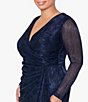 Color:Navy/Royal - Image 4 - Plus Size Long Sleeve Ruched Waist Surplice V-Neck Cascade Ruffle Metallic Crinkle Gown