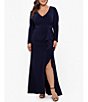 Color:Navy - Image 1 - Plus Size Long Sleeve V-Neck Cascade Ruffle Front Slit Gown