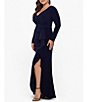 Color:Navy - Image 3 - Plus Size Long Sleeve V-Neck Cascade Ruffle Front Slit Gown