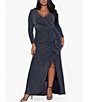 Color:Black/Silver - Image 1 - Plus Size Long Sleeve V-Neck Cascade Ruffle Metallic Gown