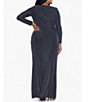 Color:Black/Silver - Image 2 - Plus Size Long Sleeve V-Neck Cascade Ruffle Metallic Gown
