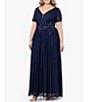 Color:Navy/Gold - Image 1 - Plus Size Short Sleeve V-Neck Embroidered Chiffon Gown