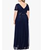 Color:Navy/Gold - Image 2 - Plus Size Short Sleeve V-Neck Embroidered Chiffon Gown