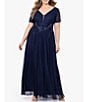 Color:Navy/Gold - Image 3 - Plus Size Short Sleeve V-Neck Embroidered Chiffon Gown