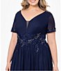 Color:Navy/Gold - Image 4 - Plus Size Short Sleeve V-Neck Embroidered Chiffon Gown