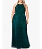 Color:Jade - Image 1 - Plus Size Sleeveless Halter Neck Metallic Gown