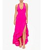 Color:Hot Pink - Image 1 - Stretch Deep V-Neck Sleeveless Tiered Ruffle Front Slit Gown