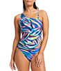 Color:Multi - Image 1 - Dance The Night Away Printed One Shoulder Mesh Cut-Out One Piece Swimsuit
