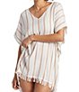 Color:Toffee - Image 4 - Walk Away Crinkle Striped V-Neck Fringe Swim Cover Up Dress