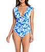 Color:Big Sur Bleu - Image 1 - A Place In The Sun Floral Print Cap Sleeve Shirred One Piece Swimsuit