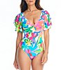 Color:Multi - Image 1 - Away We Go Floral Print Ruffle Sleeve Plunge One Piece Swimwear