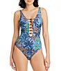 Color:Navy Multi - Image 1 - By The Sea Beaded Lace Down Printed Plunge Neck One Piece Swimsuit