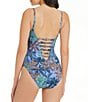Color:Navy Multi - Image 2 - By The Sea Beaded Lace Down Printed Plunge Neck One Piece Swimsuit