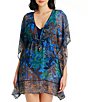 Color:Navy Multi - Image 1 - By The Sea Printed Chiffon Plunge Caftan Swim Cover-Up