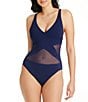 Color:Ultra Navy - Image 1 - Don't Mesh With Me Solid Surplice V-Neck X-Back One Piece Swimsuit