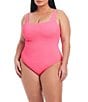 Color:Castro Pink - Image 1 - Plus Size Pucker Up Floating Underwire Square Neck One Piece Swimsuit