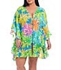 Color:Multi - Image 1 - Plus Size Spring It On Floral Printed Chiffon V-Neck Caftan Swim Cover-Up