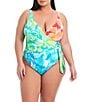 Color:Multi - Image 1 - Plus Size Summer Escapes Printed Twist Surplice V-Neck One Piece Swimsuit