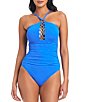 Color:Aegean Bleu - Image 1 - Ring Me Up High Neck Front Ring Shirred Waist One Piece Swimsuit