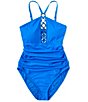 Color:Aegean Bleu - Image 6 - Ring Me Up High Neck Front Ring Shirred Waist One Piece Swimsuit