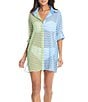 Color:Cool - Image 1 - Smooth Operator Stripe Point Collar Roll-Tab Sleeve Button Front Shirt Swim Cover-Up