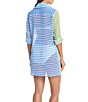 Color:Cool - Image 2 - Smooth Operator Stripe Point Collar Roll-Tab Sleeve Button Front Shirt Swim Cover-Up