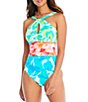Color:Multi - Image 1 - Summer Escapes Floral Print Shirred Keyhole High Neck One Piece Swimsuit